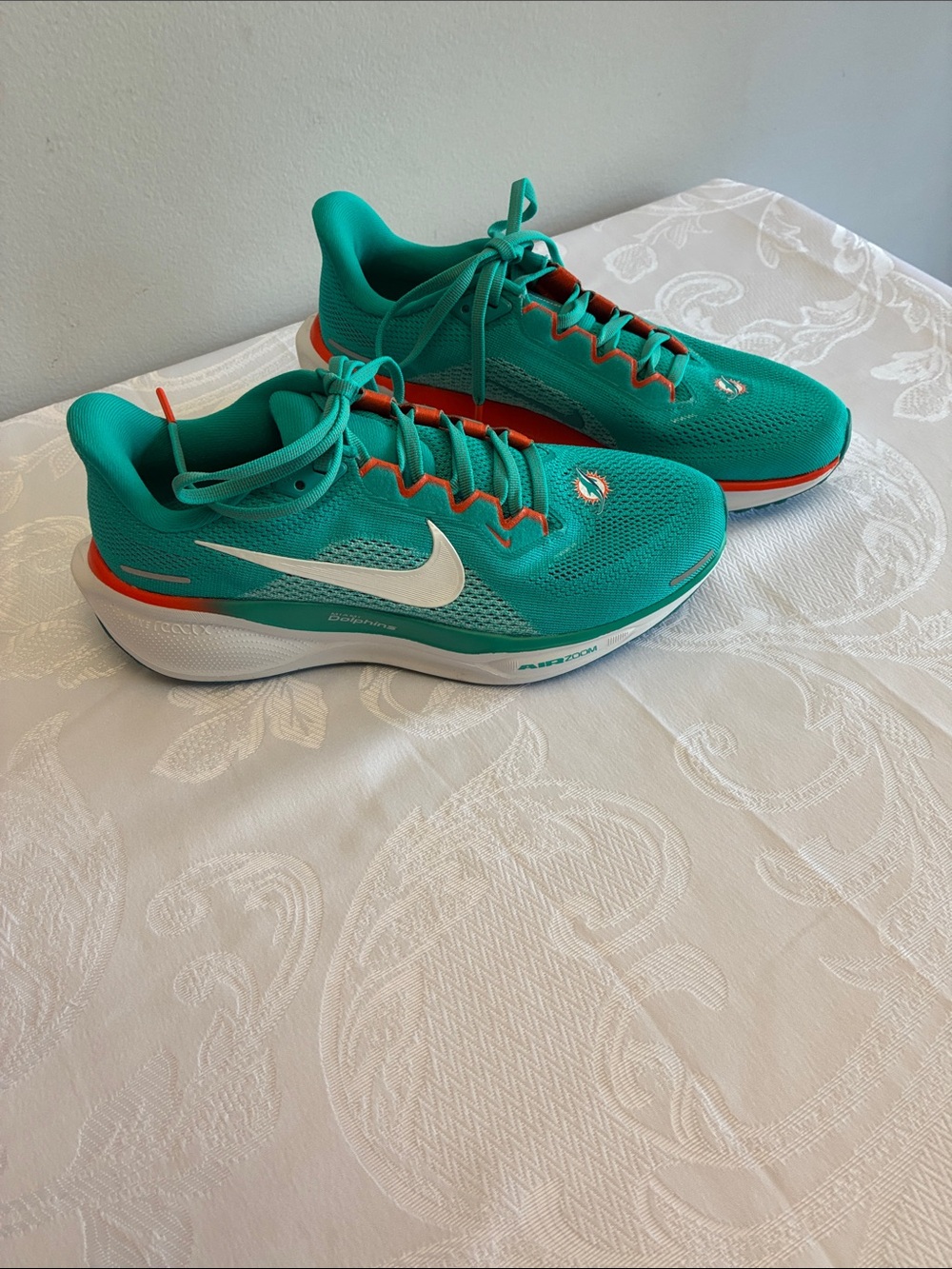 Nike Women's Miami Dolphins Teal and White Running Sneakers with Orange Trim